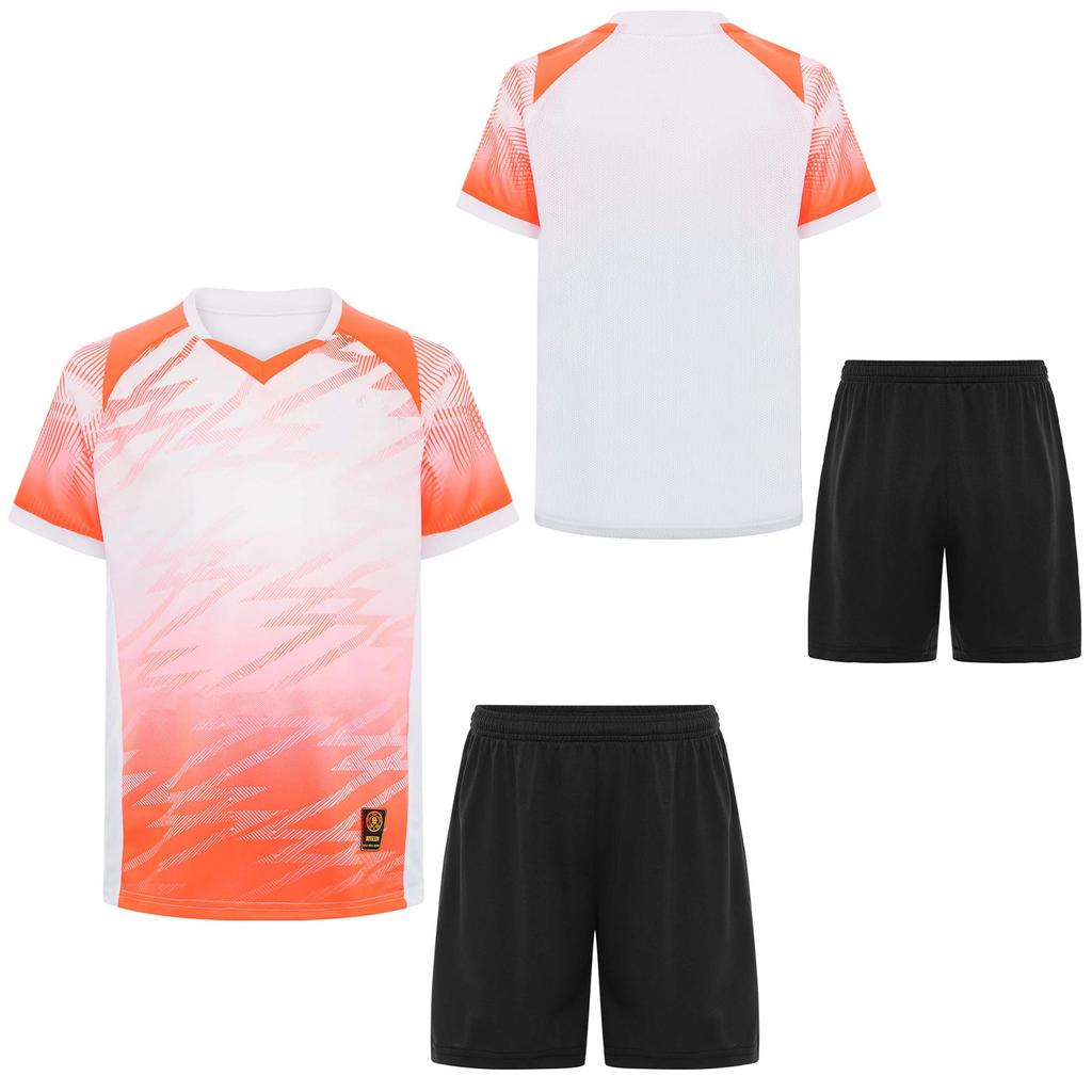 Children‘s Football Training Outfit V-Neck Short Sleeve Patterned T-Shirt and Elastic Waistband Drawstring Shorts for Athletic Practice