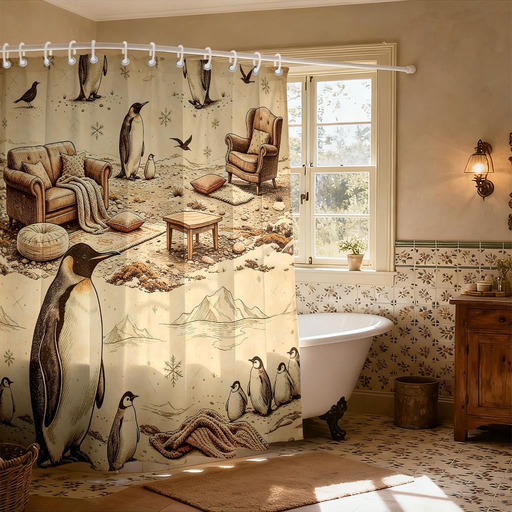 1pc retro penguin home scene shower curtain fashionable privacy protection curtain suitable living room bathroom decoration