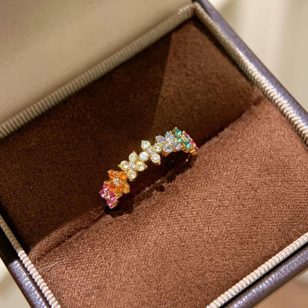 Vintage Dopamine Clover Ring French Light Luxury Color Diamond Monet Garden Strip Ring Row Ring Female