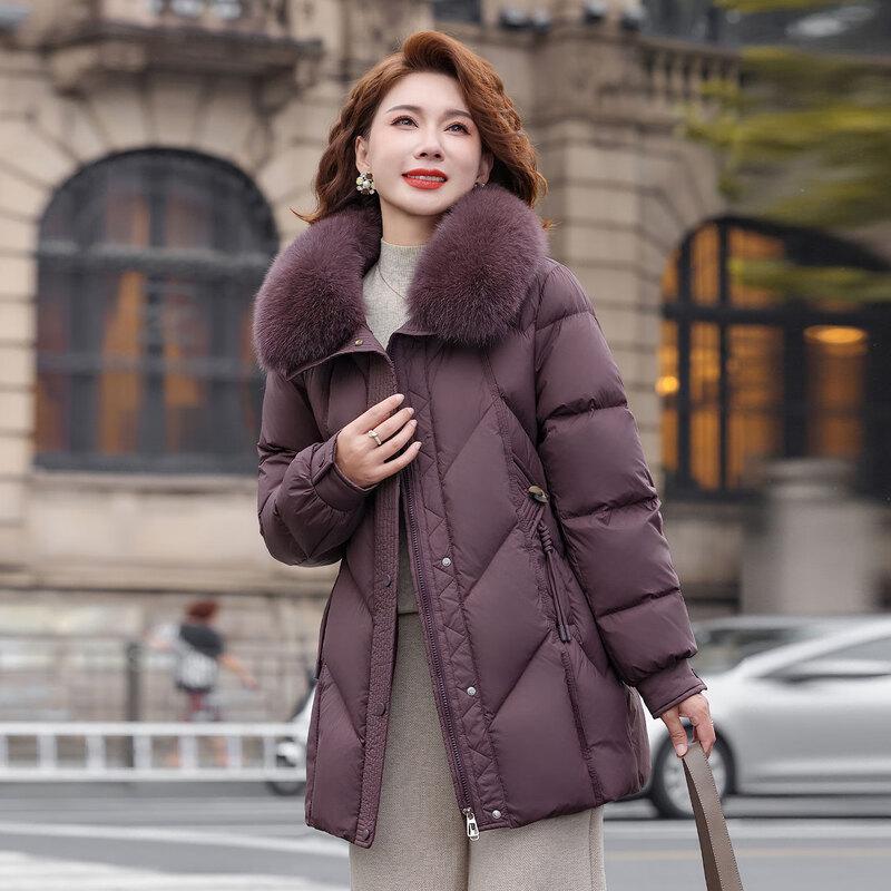 YAYA 2025 Winter Women's Mid-Length Down Jacket with Fox Fur Collar