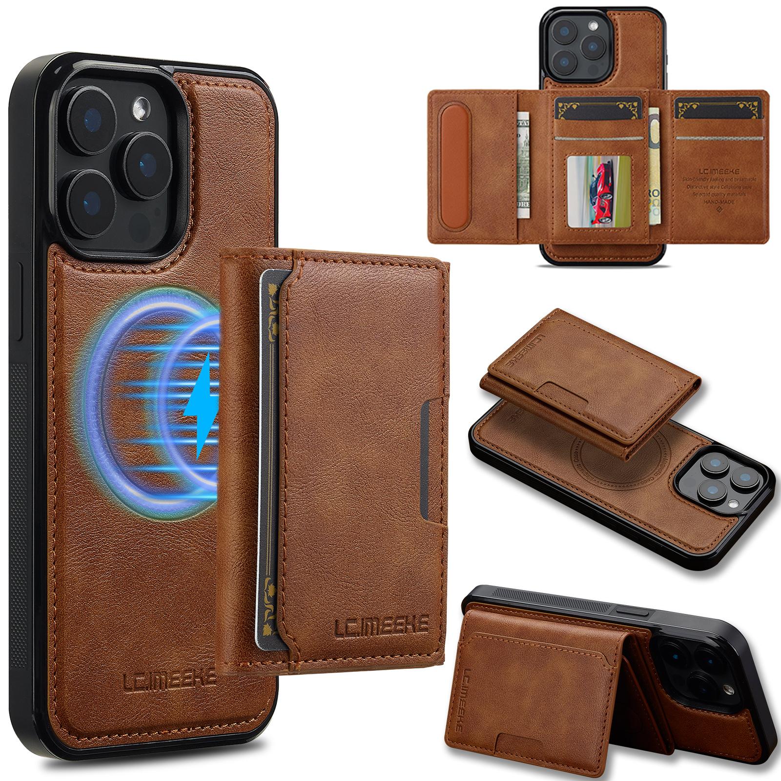 

For iPhone 15 Pro Max Magnetic Phone Case Leather Back Cover with Detachable Card Holder Brown