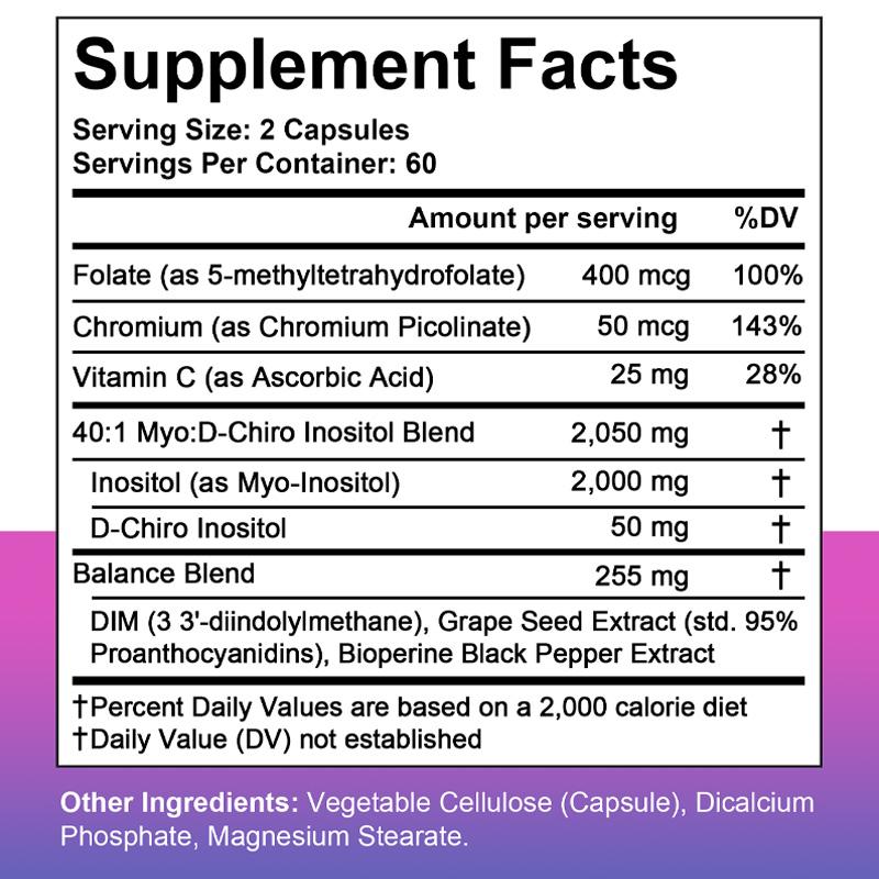 Inositol Dietary Supplement, With Vitamin C, Black Pepper Extract, Folate, 120 Capsules