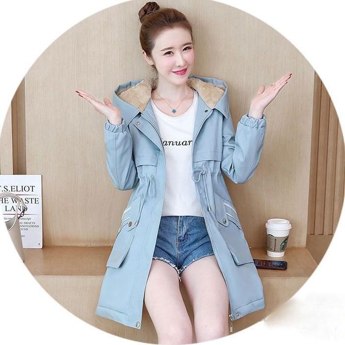 Fluffy and Thick Cotton Clothing, Autumn and Winter Korean Version, Waist Tightened, Versatile Mid-length Trench Coat, Cotton Coat Women's Trend