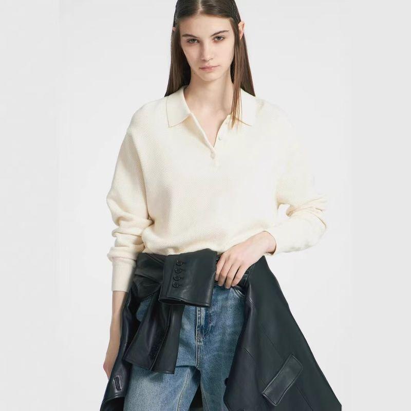 

Fashion Wind New Fashion Casual Loose Pure Color Lapel Knitwear Sweater Loose Knit Sweater Beige M