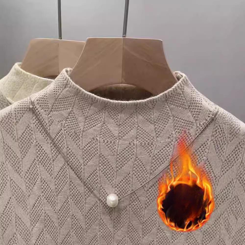 Women's One-piece Velvet Warm Semi High Neck Knitted Sweater with Long Sleeves Inside Casual Loose Pullover for Autumn and Winter