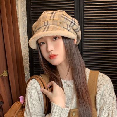 Retro Plaid Plush Octagonal Hat for Women In Autumn and Winter Literary and Versatile Warm Octagonal Hat with Face Little Fisherman Hat
