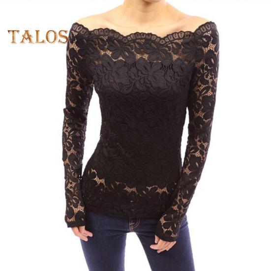 Damen Tops Schrägkragen Langarm Spitzenhemd Hohle Spitze Spleißen Einfarbig Slim Fit Stickerei Spitze Blumen Tops