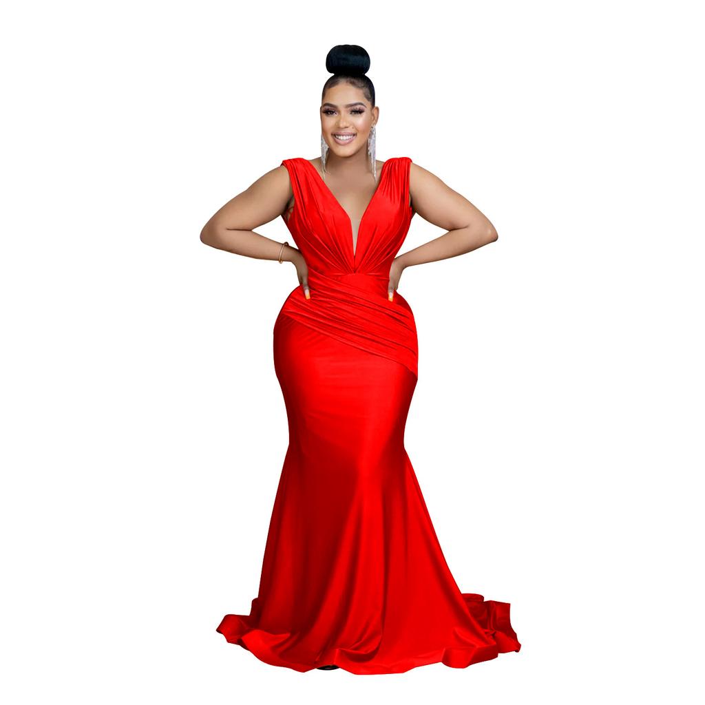 Mote Damekjole Ensfarget V-hals Ermeløs Plissert Lange Kjoler