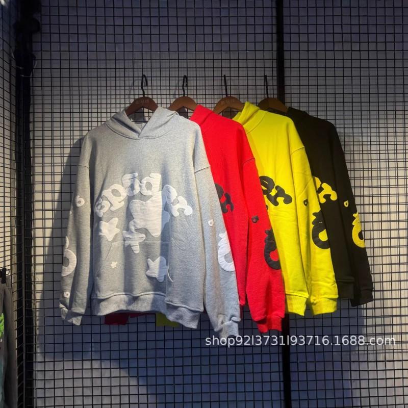 Sp5der 555555 Hoodie Sweatpants Set Rhinestone Spider Web Letter Print Casual Streetwear Youth