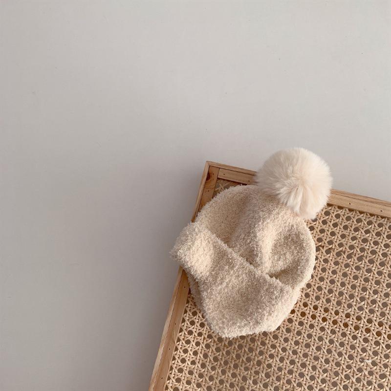 Pompom Plush Ball Baby Ear Protection Hat Solid Color Coral Velvet Kids Beanies Bonnet Winter Warm Children Earmuffs Cap 1-3years