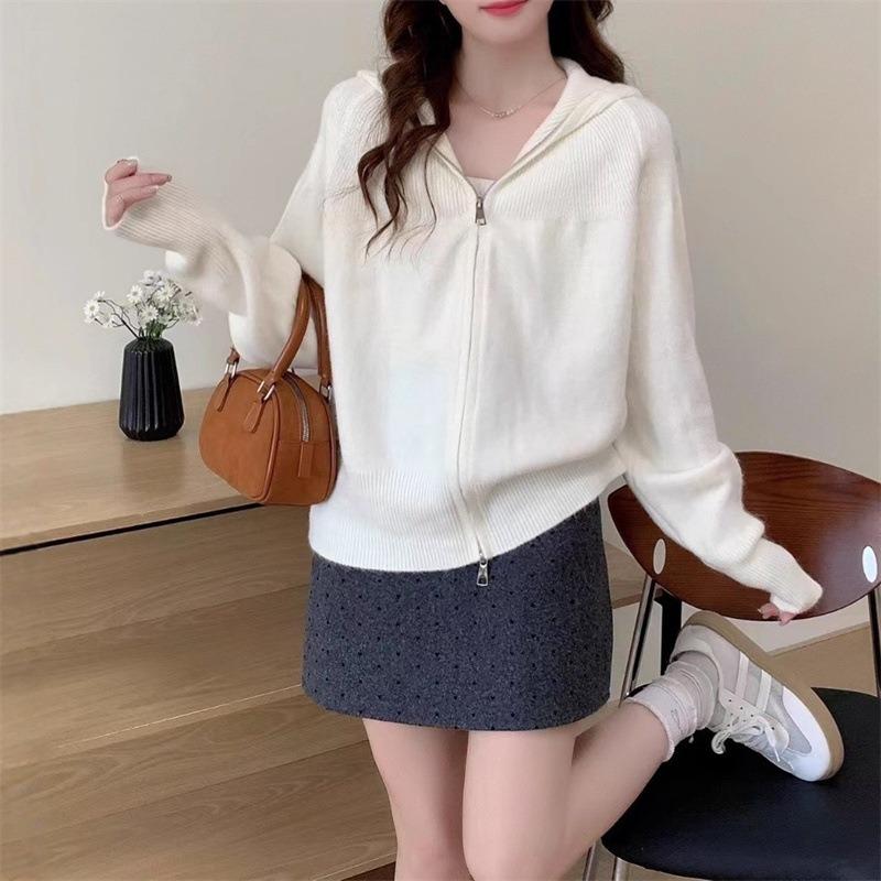 Double zipper hooded knitted sweater jacket women s autumn and winter new loose and thin retro casual versatile top average size 5889₽