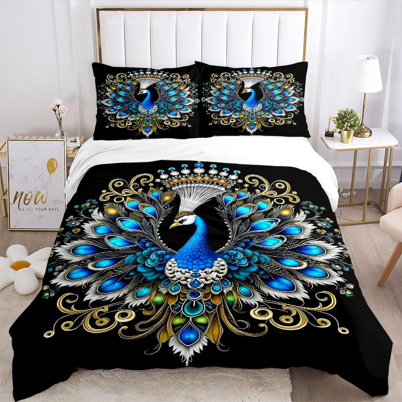 3pcs Enchanted Elegance Peacock Printed Quilt Set - Includes 1 Quilt Cover and 2 Pillowcases, Machine Washable - Suitable for All Seasons.J037