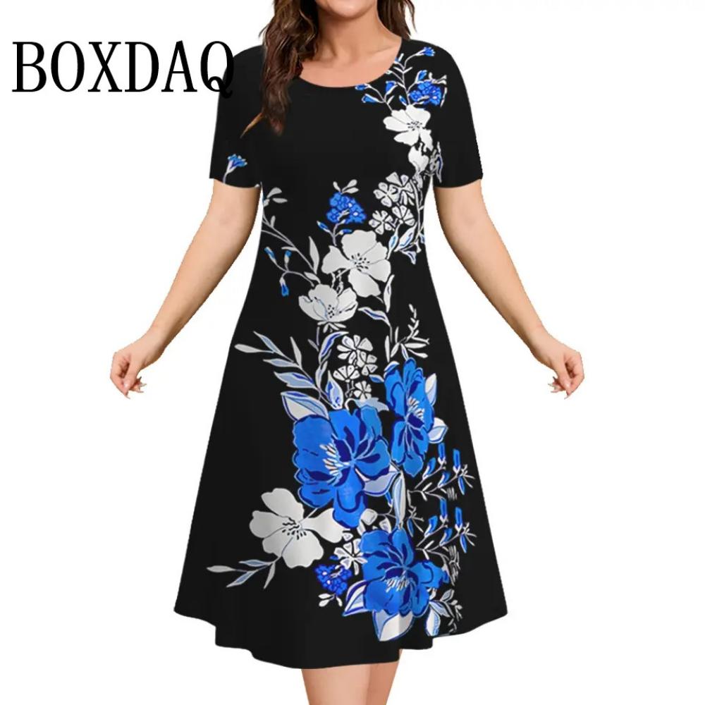 Sommer Damenkleider 3D Kunstblumen Aufdruck Kurzarm Kleidung Elegantes Lockeres A-Linienkleid Mode Damen Übergröße Kleid