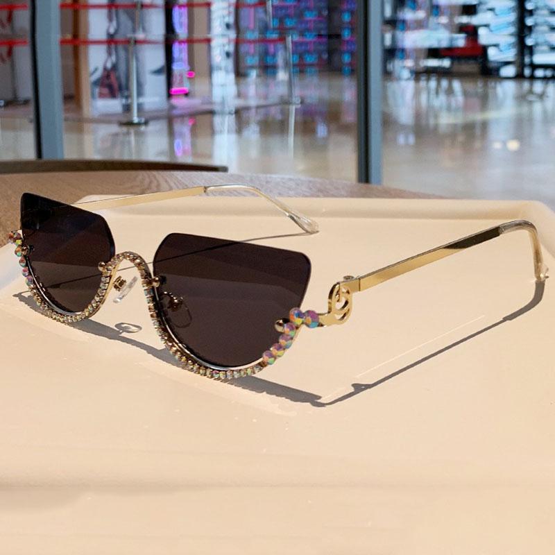 Vintage Half Frame Cat Eye Sunglasses Women Luxury Brand Designer Sun Glasses Punk Popular Diamond Metal Eyeglasses Uv400
