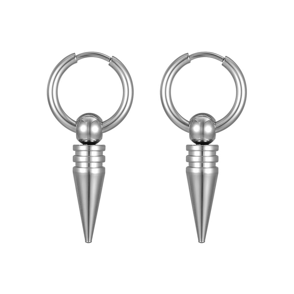 Korean Stainless Steel Round Pendant Ear Buckle Simple Unisex Black Titanium Steel Punk Pointed Cone Earrings