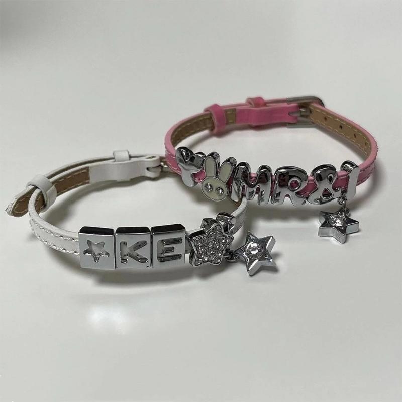 Subkulturní kožené nastavitelné náramky Jednoduché retro dopaminové náramky Všestranné s diamanty Hvězda Písmeno Široké náramky