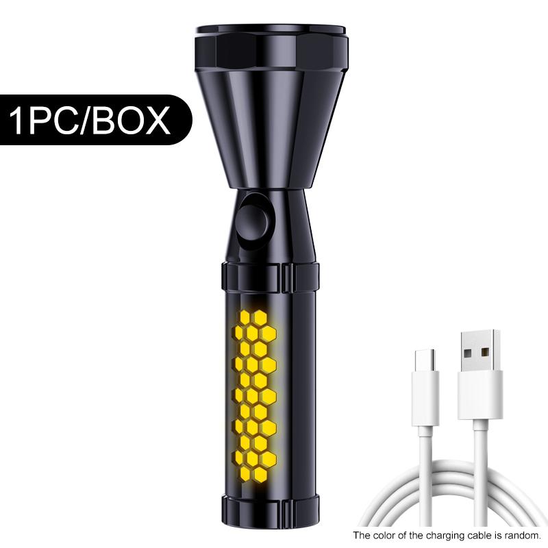 Top corner mode of LED portable flashlight with cellular side light supports TYPE-C charging.