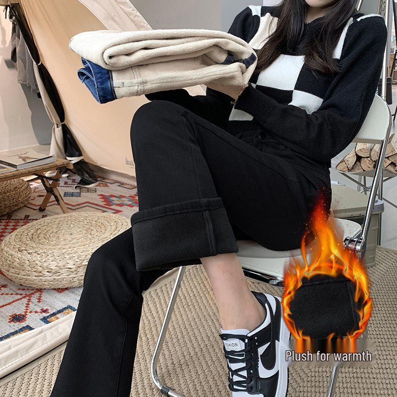 Hong Kong Style Velvet Flare Jeans - Women's Winter 2025 Retro Slim Fit Bell Bottoms