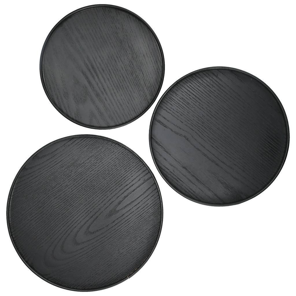 3-teiliges Set 30cm 27cm 24cm Durchmesser Runde Schwarze Holztablett Geschirr Dessert Obsttablett für Zuhause Hotel