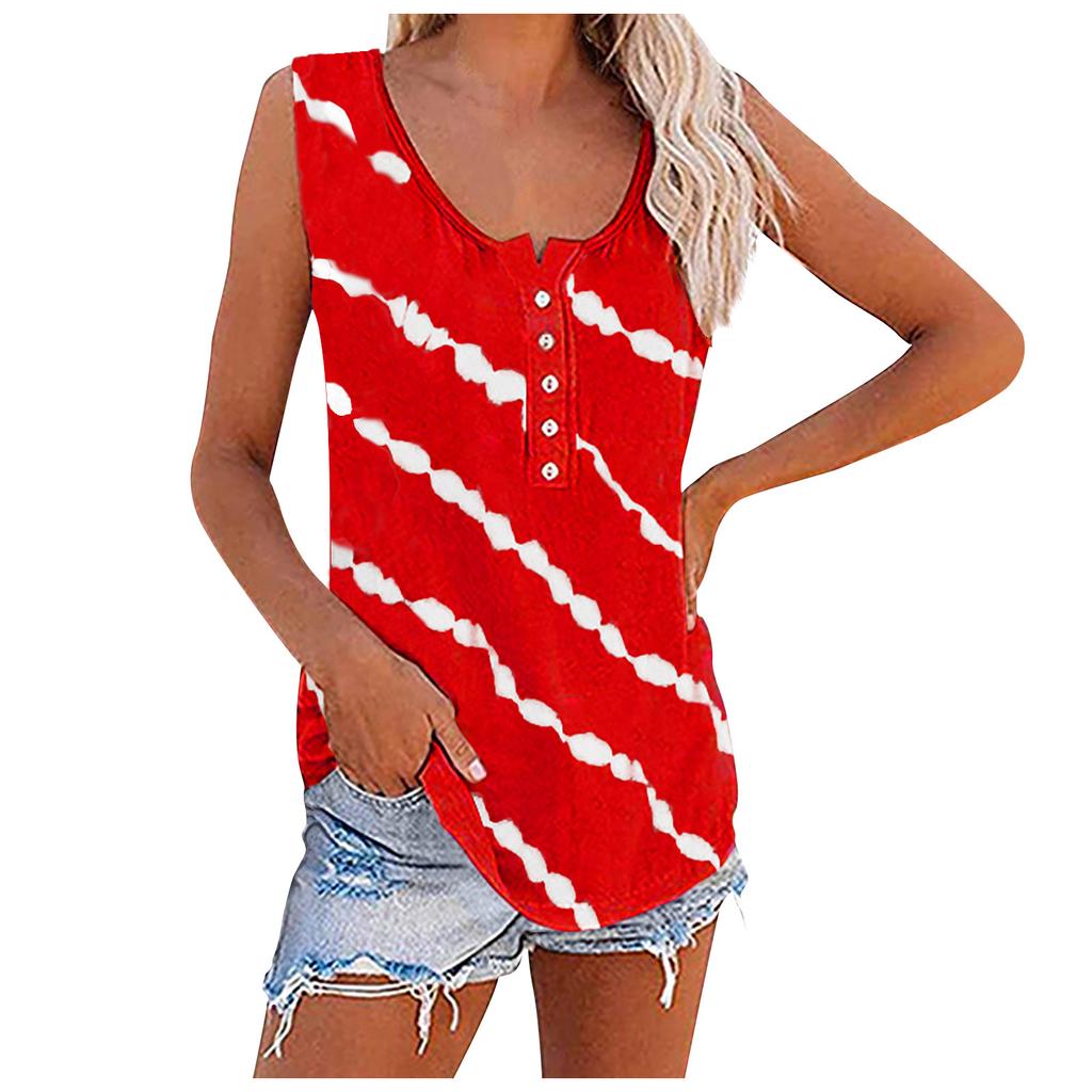 Women Sleeveless Button Front Tank Top Casual Round Neck Striped Printed Summer Blouse Lightweight Loose Fit Shirt