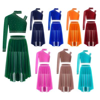 Complete Lyrical Performance Outfit for Girls Unique Shoulder Design Crop Top & Flowy Irregular Hem Mesh Skirt Set