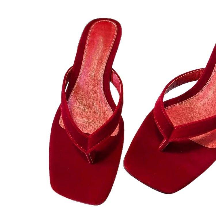 Cowhide Version~ French Red Leather Cat and Flip-flops for Women's Summer Wear Pinching Feet, Small Sandals, High-heeled Slippers, Half Towels