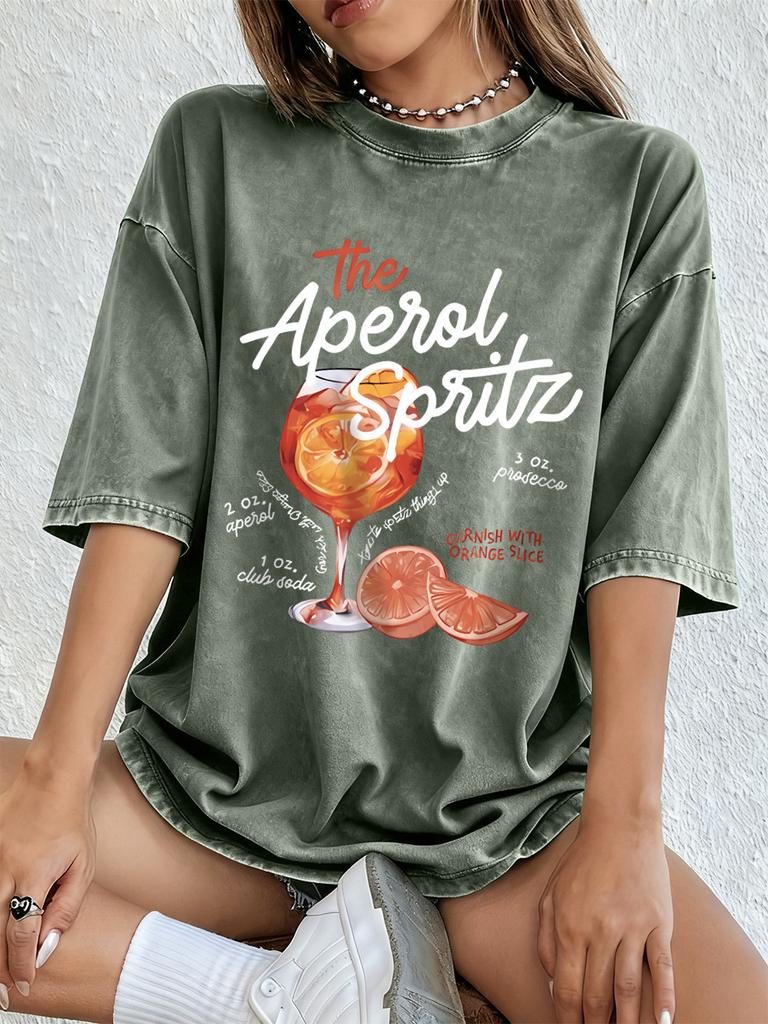 Aperol Spritz Lemon Prints Washed TShirts Womens Cotton Oversized T Shirt Summer Soft Short Sleeve Tops Hip Hop ONeck Clothes