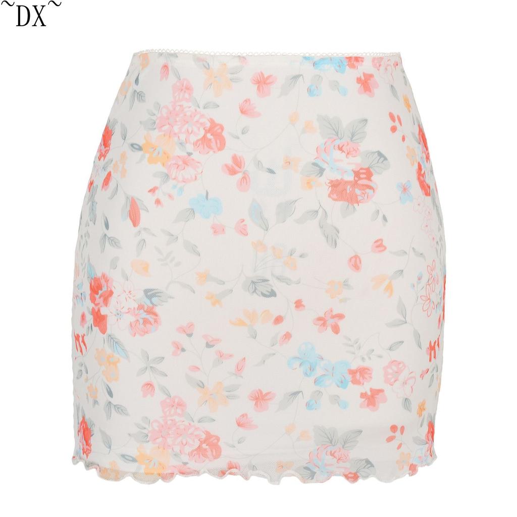 DX~~Beliebter Frühlings- und Sommer-bedruckter Netzrock mit hoher Taille, doppellagiger, schmaler Passform, Wickel-Hüftrock, grenzüberschreitender Damen-Halbrock