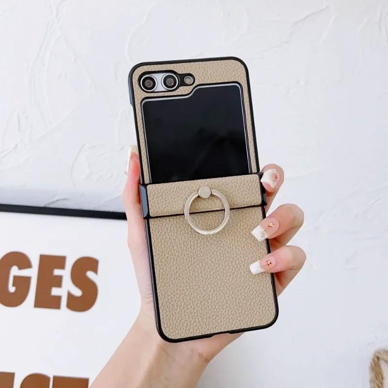 

Fashion Litchi Pattern Leather Fliping Phone Case For Samsung Galaxy Z Flip 7 6 5 4 3 5G Anti-Drop 360 Ring Holder Protect Cover Galaxy Z Flip5 бежевый