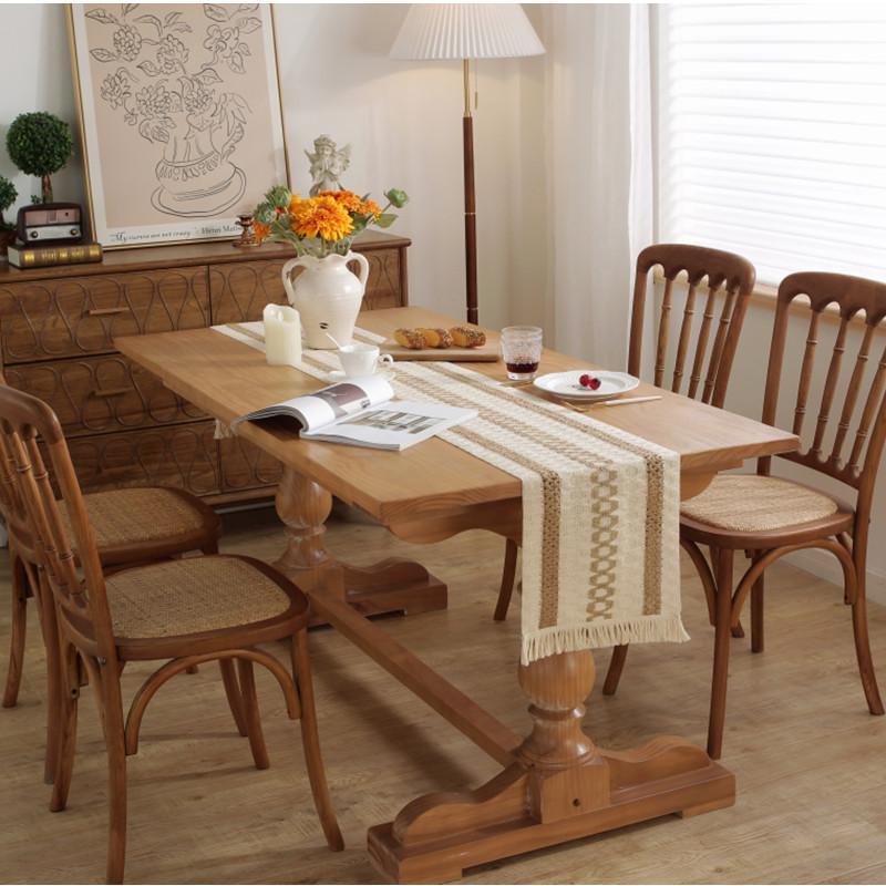 Bohemsk Tofarget Strikket Bordflagg, Krem og Brun med Dusker Heklet Blonder Bordflagg, Blonder Bordflagg, for Hjemmeinnredning