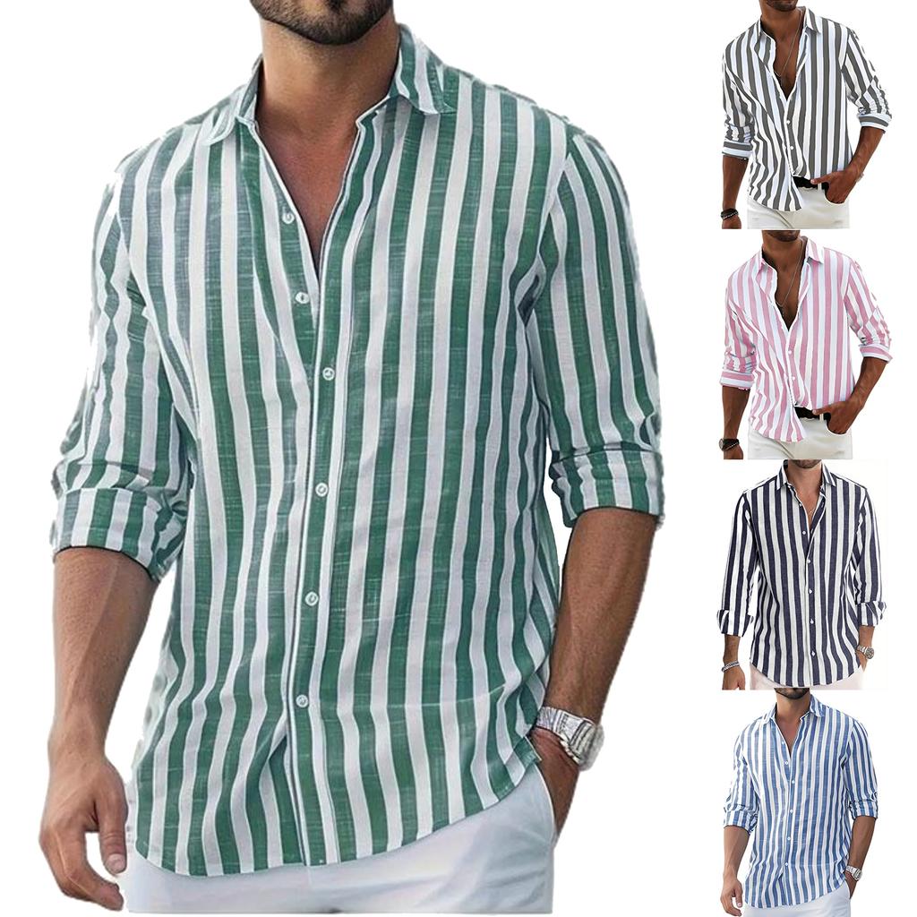 Men's Casual And Trendy Striped Shirt, Long-sleeved Top, Men's Lapel Button Cotton Shirt