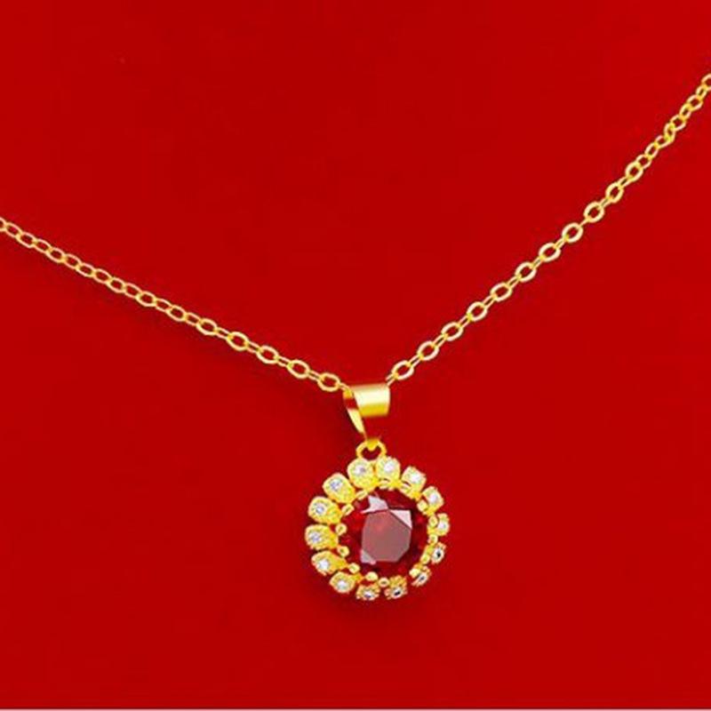 Gold-Plated Brass Sunflower Jewelry Set: Daisy Gemstone Ring, Ruby Micro-Paved Necklace & Earrings for Women