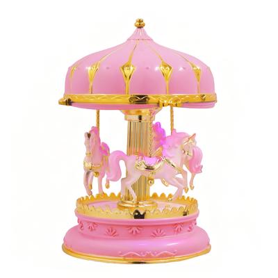 Creative Carousel Music Box Pink Glitter Design Rotating Horse Melody Decor Charming Desktop Adornment for Room Romantic Gift