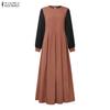 ZANZEA Women Casual Round Neck Splice Long Sleeve Muslim Long Dress