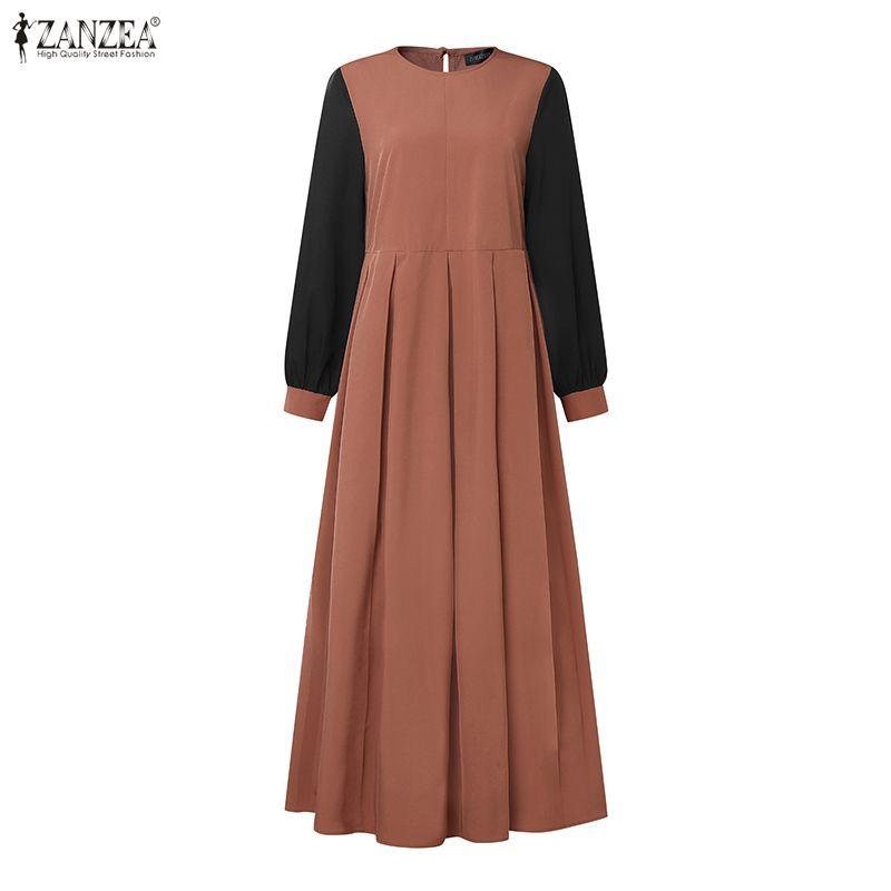 ZANZEA Women Casual Round Neck Splice Long Sleeve Muslim Long Dress