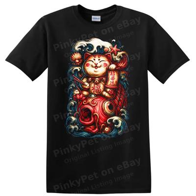 Japanese Style Cat T Shirt Lucky Fish Waves Cute Tee Artwork Design