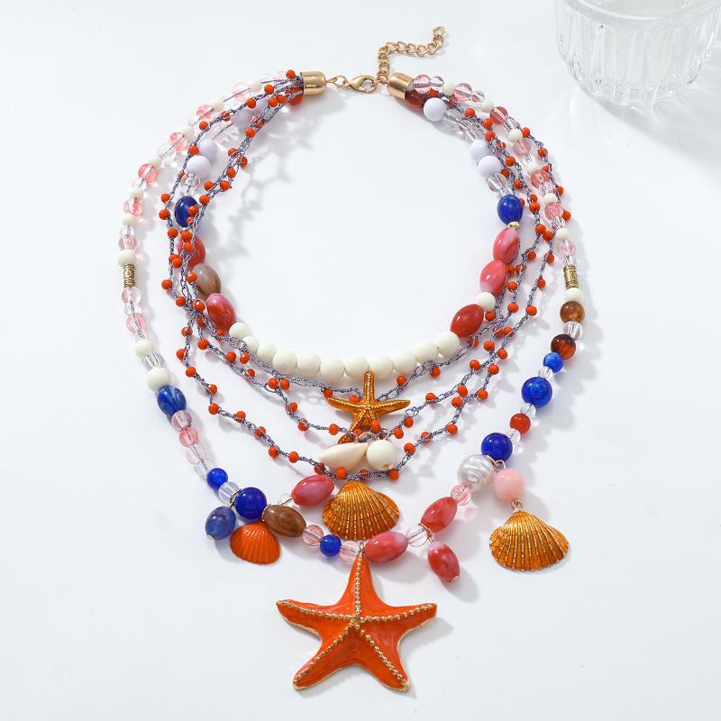 Multi-Layer Hand Woven Beaded Starfish Shell Necklace For Women Summer Ocean Vacation Style Party Jewelry Neck Accessories