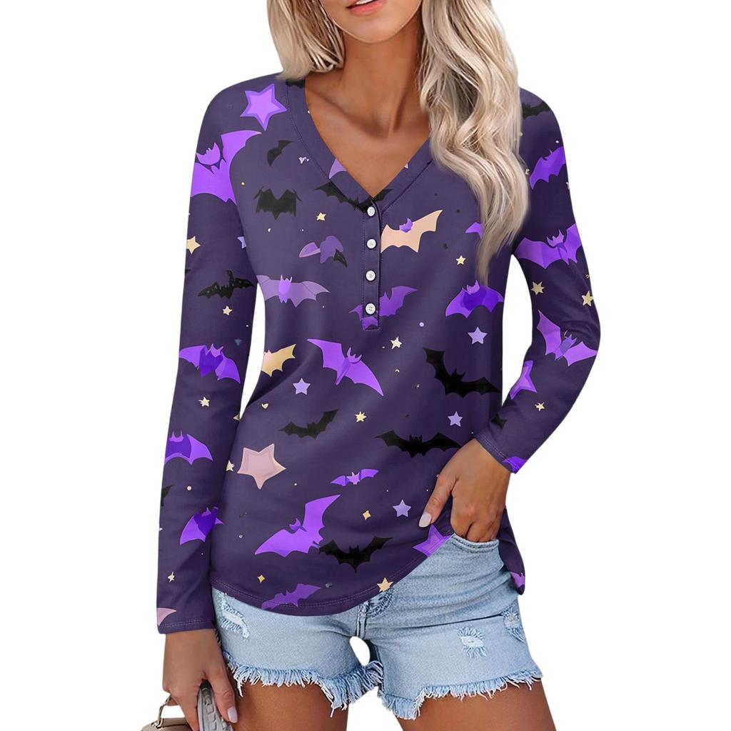 Women's Casual Fashion Sexy Comfort Halloween Printed V-Neck Button Long Sleeve