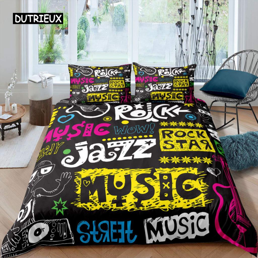 Rock Music Duvet Cover King Jazz Music Bedding Set for Teens Hip Hop Graffiti Comforter Cover Music Notes Polyester Quilt Cover