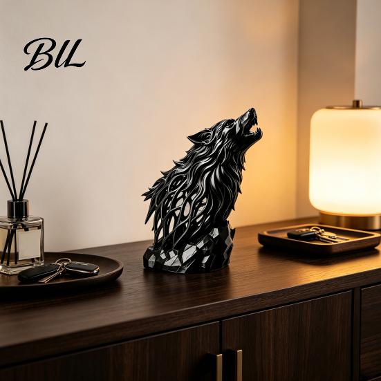 Geometric Wolf Figurine Howl Sculpture, Gothic Wildlife Home Decor, Howling Statue Dark Interior Accessories with Rock Base, Rustic Animal Accent