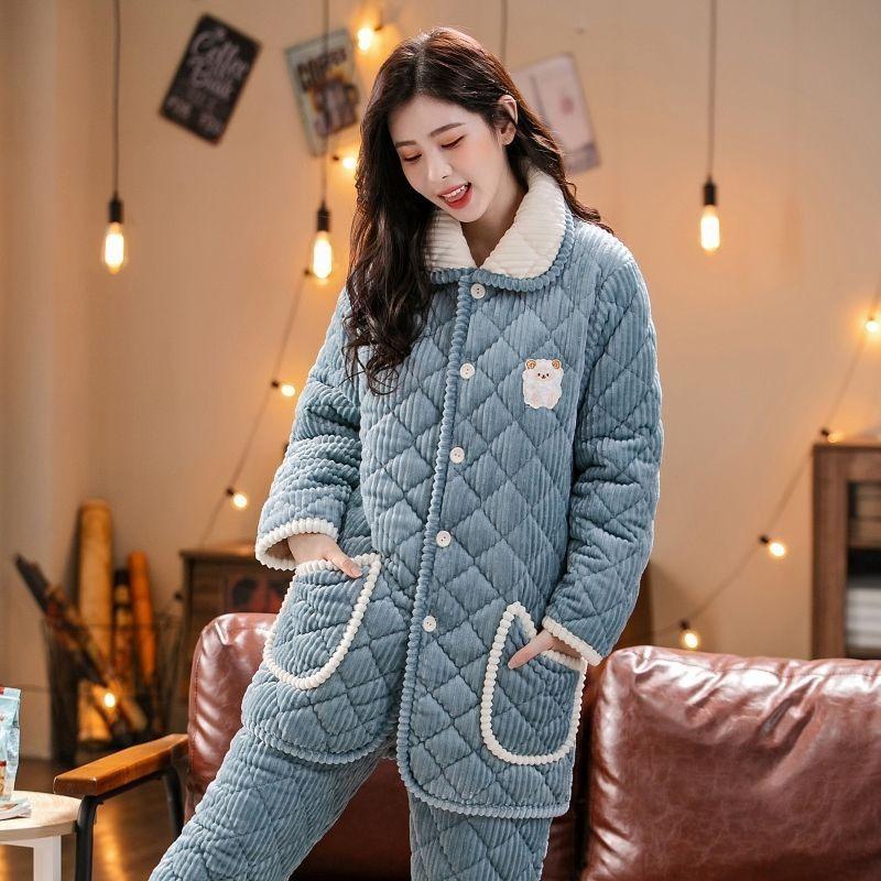Pajamas women's winter three-layer thickened models fleece coral fleece warm padded cotton autumn and winter women's loungewear