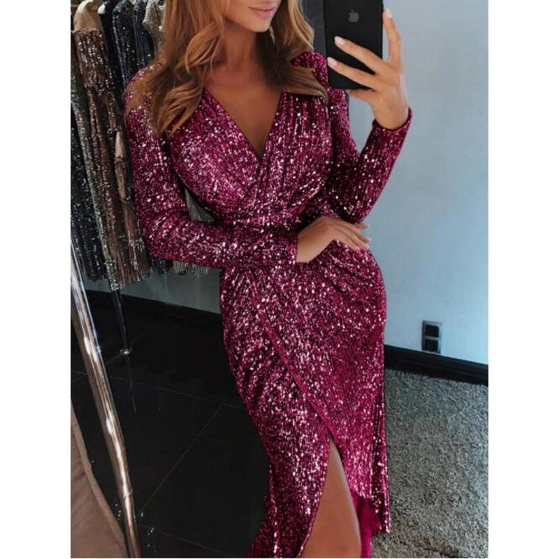 Women Sexy Gold Foil V Neck Long Sleeve Slit Bodycon Midi Evening Party Dress