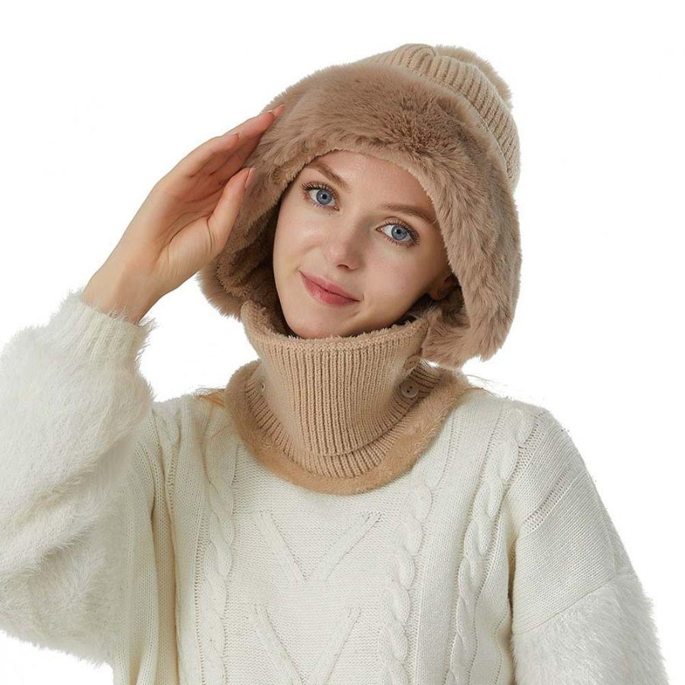 Plush 2in1 Scarf Hat Thicken Warm Balaclavas Hat Simple Winter Cap Mask Set Female Male