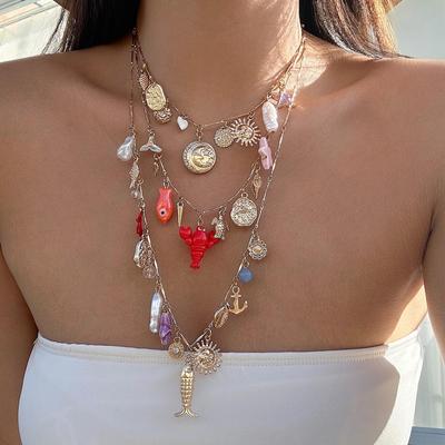 Collana di Perle Imitazione Europee-Americane con Fiocco, Ciondolo in Lega Stile Spiaggia Impilabile