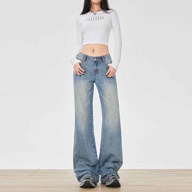 American retro micro-pull jeans women's autumn new design low waist loose and thin flared pants