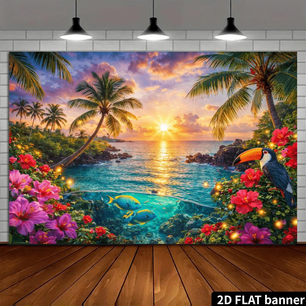 1pc, 2D flat beach sunset party backdrop with a stunning sunset sky, made of polyester, lightweight and easy to store. (wsj) 180x110CM