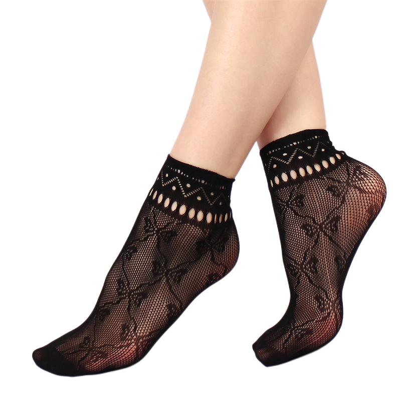 Women'S Black Fishnet Ankle Socks Retro Floral Dress Hollow Out Nylon Elastic In Patterned Short Socks