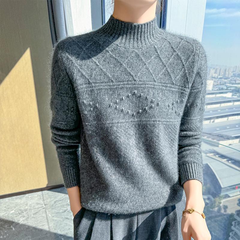 2024 Autumn/Winter Women's Wool Sweater: Thickened, Half-High Collar, Cable Knit, Loose Fit