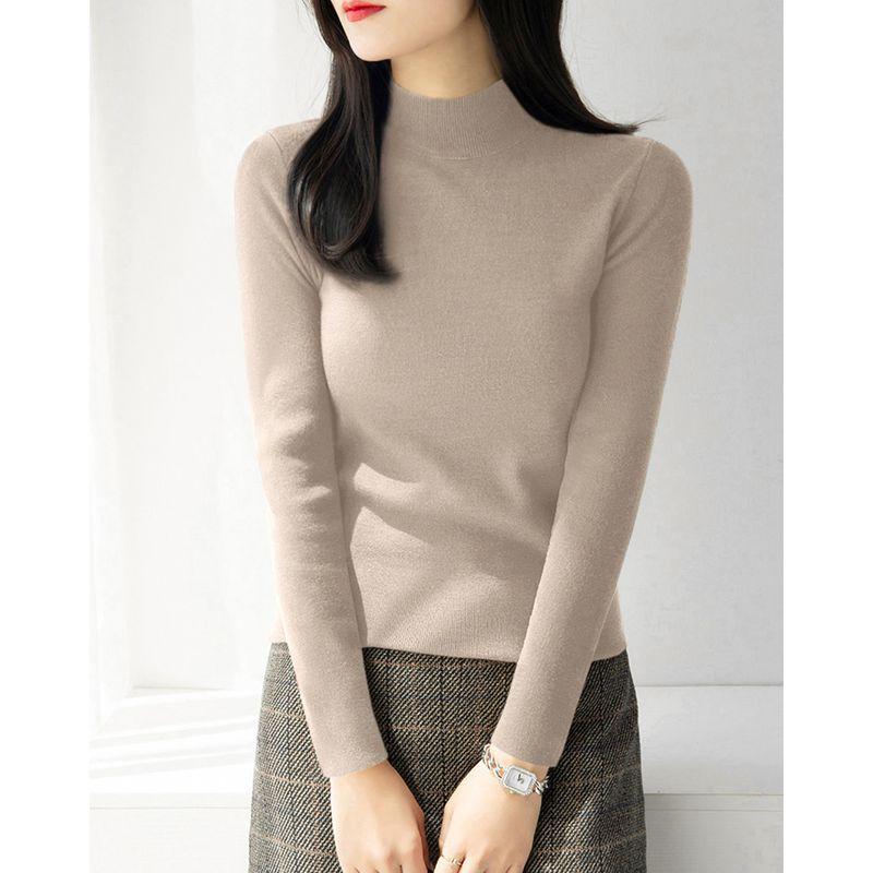 

Winter New Arrival Wine Red Long Sleeve Knitwear Women s Clothing Thick Inner Bottoming Top Wool Silm Mock Neck Sweater Shallow khaki M