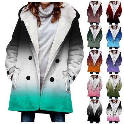 Women's Large Jacket With Warm And Plush Gradient Printed Hooded Button Jacket With Pockets